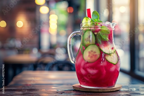 A pitcher filled with a refreshing drink made from watermelon and cucumber, A pitcher of refreshing aguas frescas in flavors like hibiscus and cucumber photo