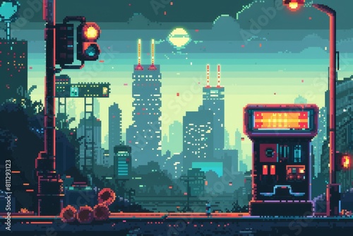 Pixel art depiction of a city at night with illuminated buildings, streets, and vehicles, A pixelated retro arcade game design