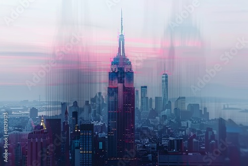 A city with buildings and streets under a pink sky, A pixelated version of the Empire State Building with a glitchy effect