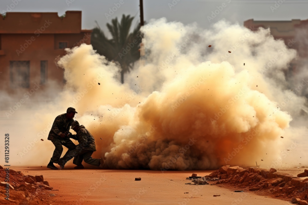 Obraz premium People in the war zone. Two people next to exploding ammunition on the street.