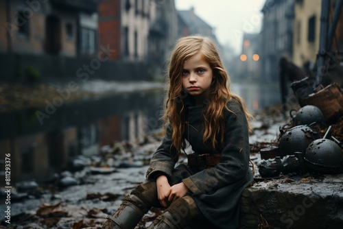 Portrait of distressed young european girl standing amidst ruins of war-torn city