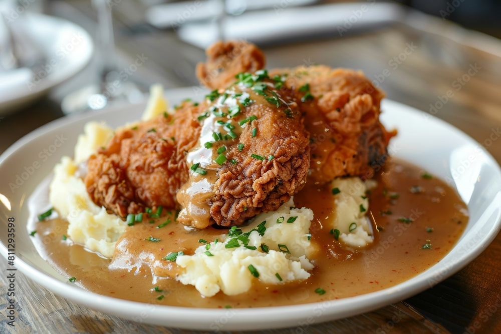 A white plate featuring crispy fried chicken and a generous serving of creamy mashed potatoes, A plate of crispy fried chicken with mashed potatoes and gravy A white plate featuring crispy fried chicken and a generous serving of creamy mashed potatoes, A plate of crispy fried chicken with mashed potatoes and gravy
