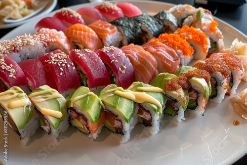 Different types of sushi rolls beautifully arranged on a white plate, A plate of colorful sushi rolls arranged tastefully