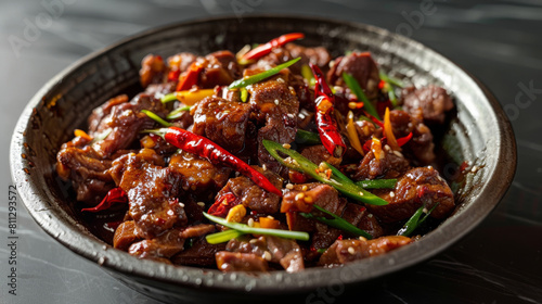 Traditional black bowl presenting authentic mongolian beef stir fry seasoned with hot chili peppers and spring onions