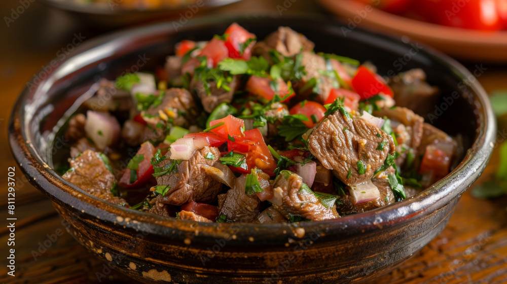 Authentic asian culinary delight: succulent beef and vibrant vegetables in a classic mongolian bowl Authentic asian culinary delight: succulent beef and vibrant vegetables in a classic mongolian bowl