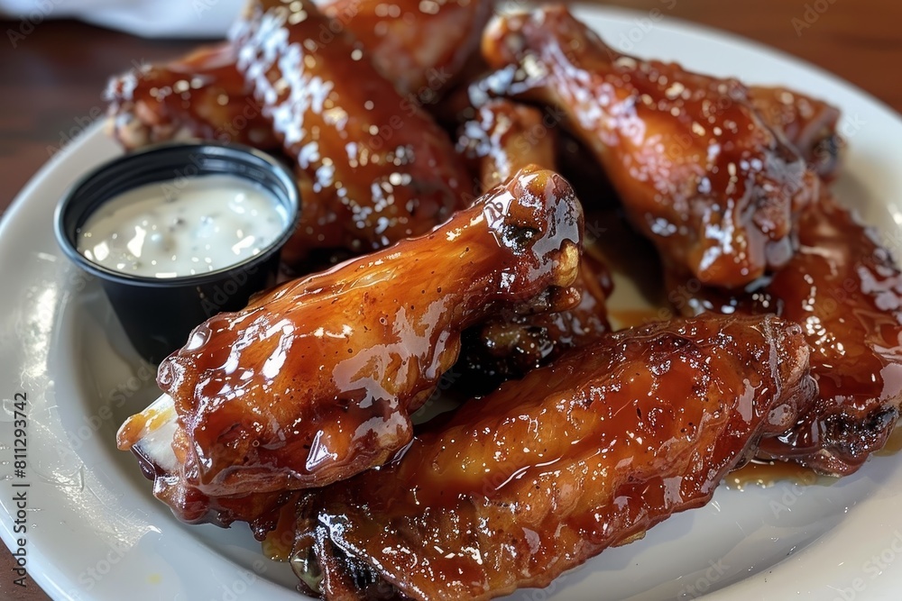 White plate with wings covered in sweet sauce, A plate of sticky, sweet honey glazed chicken wings served with a side of ranch dressing White plate with wings covered in sweet sauce, A plate of sticky, sweet honey glazed chicken wings served with a side of ranch dressing