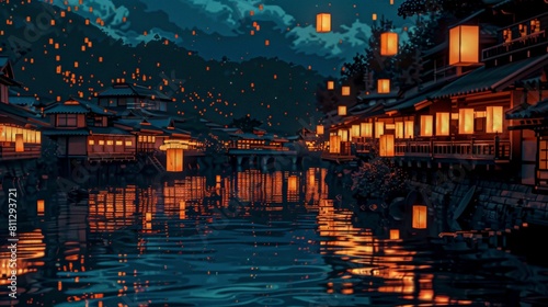 The image is a beautiful depiction of a traditional Japanese town at night © Parintron