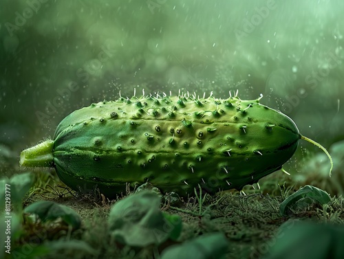 A green cucumber is sitting on the ground.