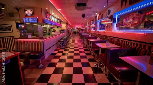 Create a digital painting of a retro 50s diner with bright neon lights and a black and white checkered floor © Montri
