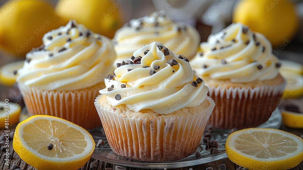 Cupcakes with white frosting and chocolate sprinkles on a plate surrounded by lemons Cupcakes with white frosting and chocolate sprinkles on a plate surrounded by lemons
