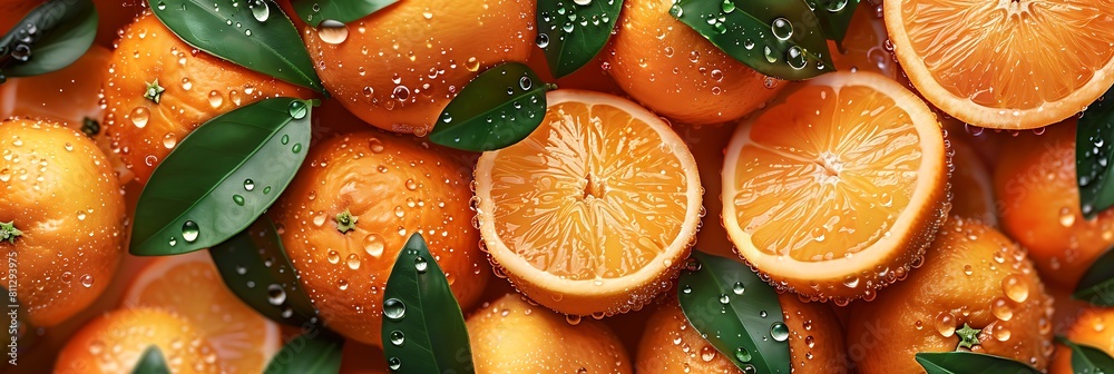 Fresh tangerines with green leaves, closeup. Banner design, seamless pattern Fresh tangerines with green leaves, closeup. Banner design, seamless pattern