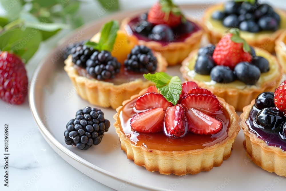 A white plate holding mini tarts covered in assorted fruits, A platter of delicate fruit tarts with a glossy glaze