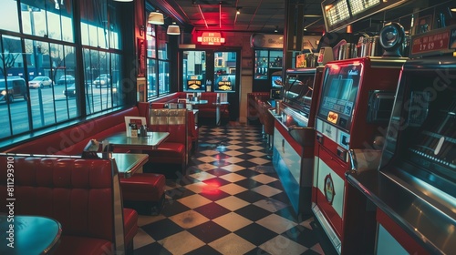 Create a digital painting of a retro diner with a red and white checkered floor  red leather booths  and a jukebox in the corner. Make the lighting warm and inviting.