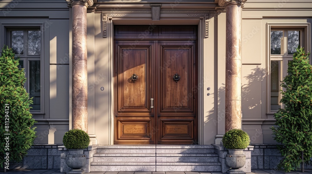 classic double front entrance wooden doors realistic