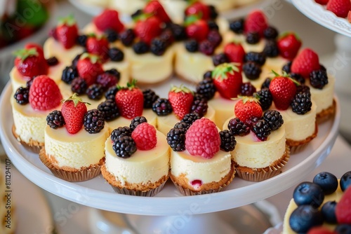 Platter of small cheesecakes adorned with fresh berries and creamy topping, A platter of miniature cheesecakes topped with fresh berries