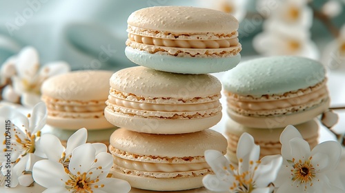   A stack of macaroons atop a table alongside white blooms