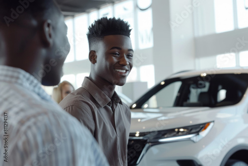 A car salesman shows a new car to a customer in the showroom. A young man smiles while looking at a white SUV.