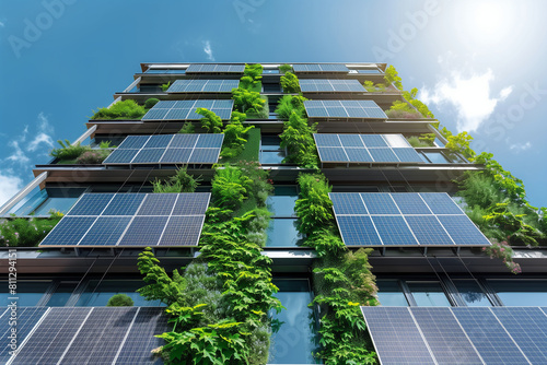 The facade of the modern, sustainable building impresses with its appearance, decorated with solar panels and a vertical garden full of climbing plants.