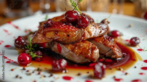 American cuisine. Duck with a sauce of dried cherries, chicken giblets and port wine. 
