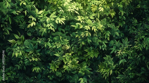 Overhead view of a dense green leaf canopy, beautifully illuminated by natural light, showcasing various shades of green.