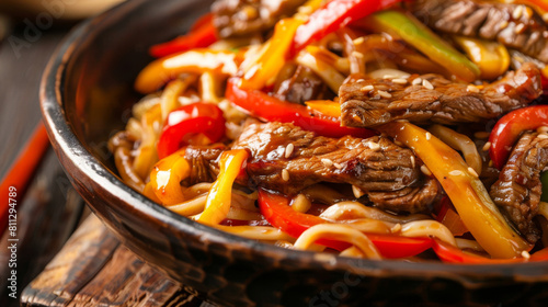 Close-up of delicious mongolian beef stir fry with vibrant bell peppers, onions, and noodles served in a traditional black bowl photo