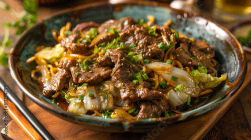 Genuine mongolian beef and scallions presented in a traditional bowl, showcasing the vibrant flavors and textures of mongolian cuisine photo