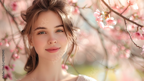 Outdoors portrait of a beautiful caucasian young brunette woman in a spring peach blossom garden. Beauty  fashion. Flowering trees nature background. Springtime blooming concept. 
