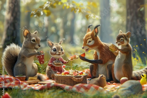 A group of squirrels gathers on top of a blanket outdoors, A playful family of animals enjoying a day out at the park, complete with a picnic and games photo