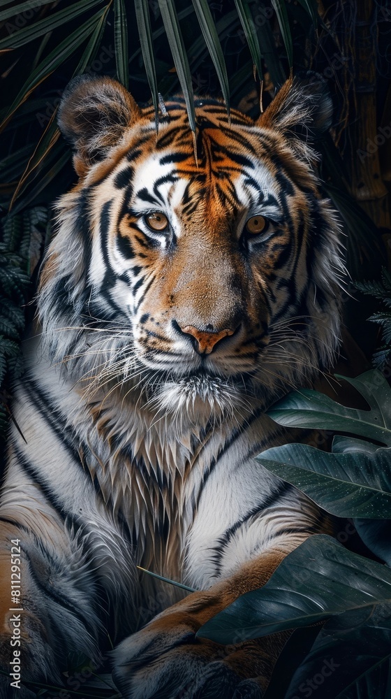 Obraz premium Majestic and Fierce Bengal Tiger Prowling in Lush Jungle Undergrowth