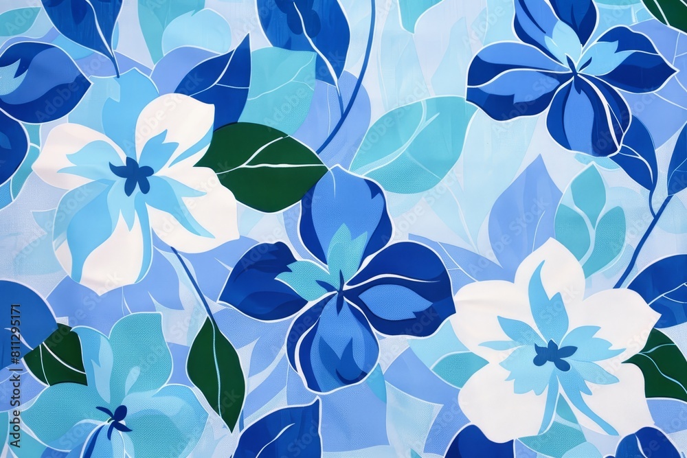Blue and white flower pattern displayed on a vibrant blue background, A playful interpretation of a blue floral pattern on a light blue background with hints of green and white