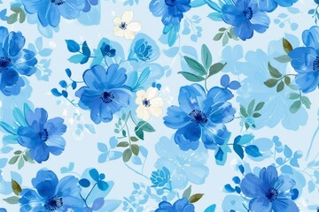 Bright blue and white flowers arranged in a pattern on a light blue background, A playful interpretation of a blue floral pattern on a light blue background with hints of green and white