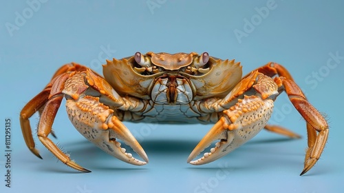 Carcinus maenas, crab, holding both claws as a defensive posture, slightly blue background photo