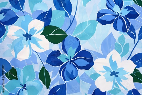 Blue and white flower pattern displayed on a vibrant blue background  A playful interpretation of a blue floral pattern on a light blue background with hints of green and white