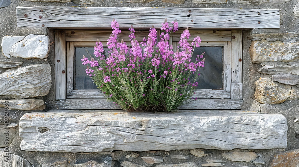 Fototapeta premium Purple flowers bloom from a window sill, framed by stone wall and wooden window frame