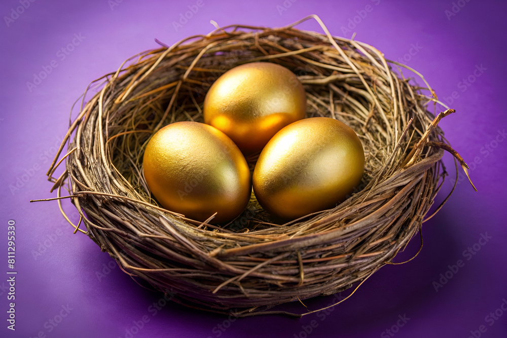 Nest Egg Concept with Golden Eggs in Nest on Purple Background Nest Egg Concept with Golden Eggs in Nest on Purple Background