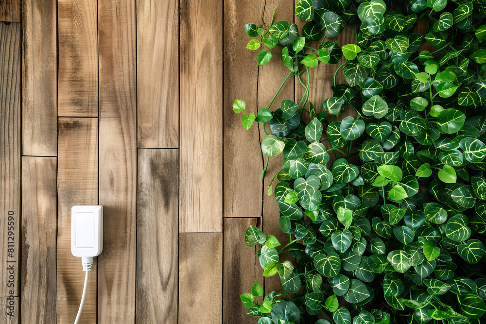 Fototapeta premium A green plant is actively growing on a wooden wall, showcasing natures ability to thrive in unexpected places.