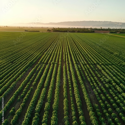 Orderly Rows of Lush Green Crops in Expansive Aerial Farmland Landscape