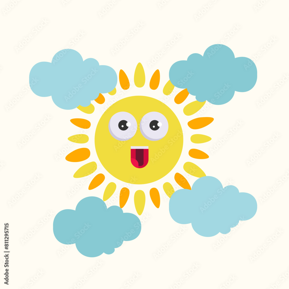 Flat Design Illustration with Sun and Clouds
