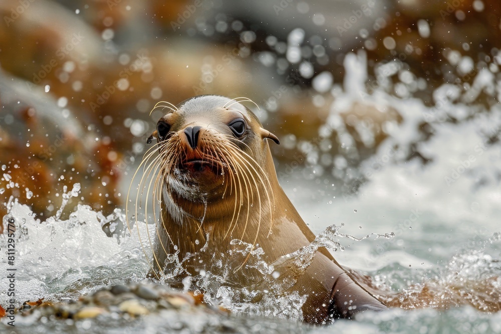 Obraz premium A sea lion joyfully swimming and splashing in a body of water, A playful sea lion splashing in the water