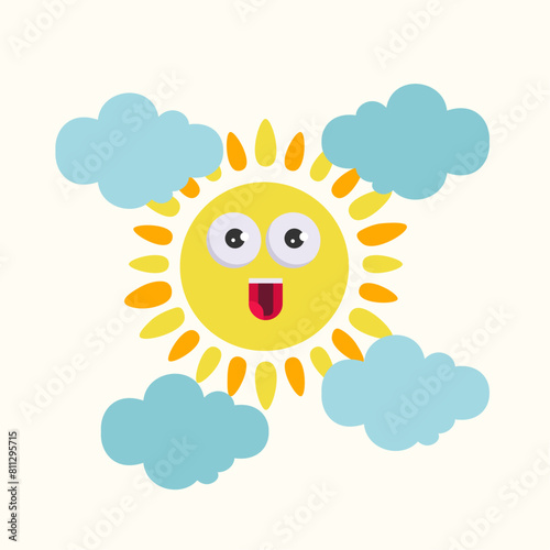 Flat Design Illustration with Sun and Clouds (ID: 811295715)