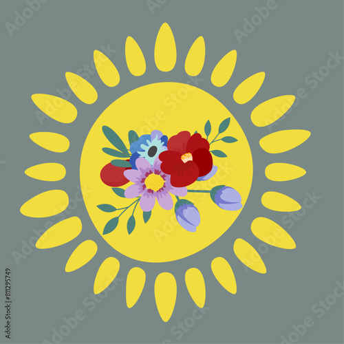 Flat Design Illustration with Sun at Flowers (ID: 811295749)
