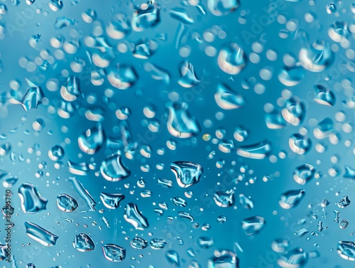 A close up of water droplets on a blue glass.