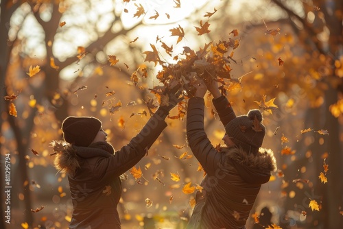 A couple playfully tosses leaves in the air while standing among the fallen foliage of a tree, A playful shot of a couple tossing leaves in the air, captured in motion photo