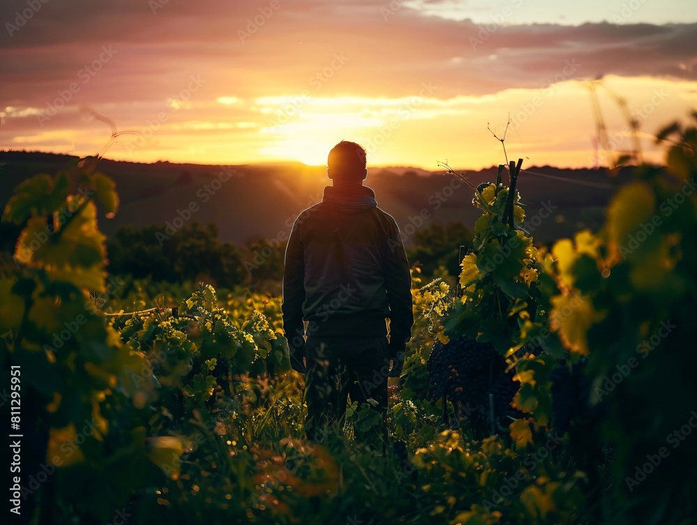 Fototapeta premium A man standing in a field at sunset.