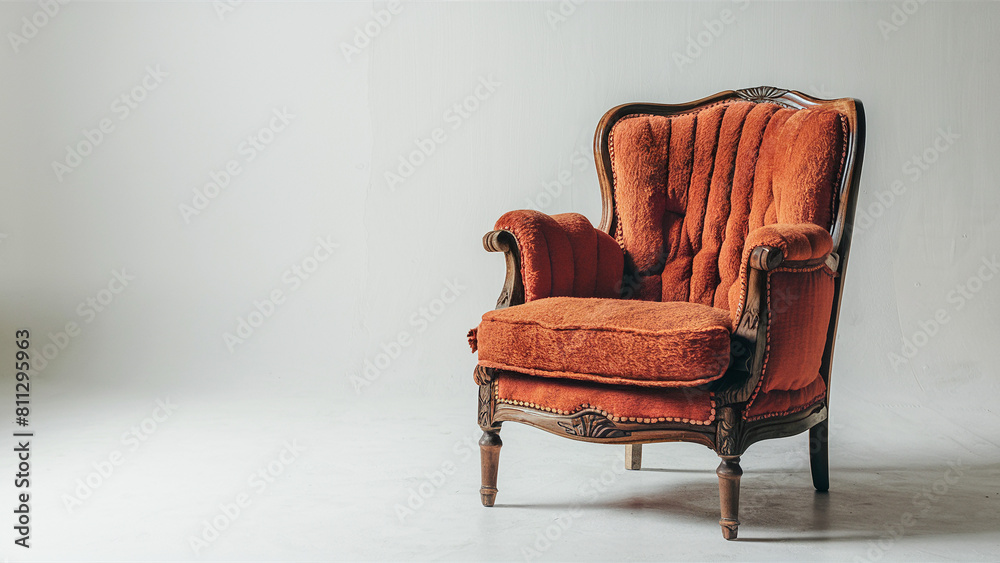 Fototapeta premium A retro-style wooden chair with inviting orange cushions, placed against a plain white backdrop. 