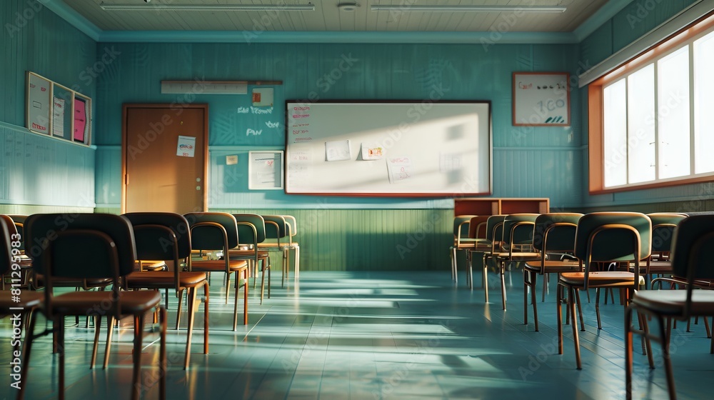 A classroom with chairs and a white board.