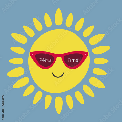 Flat Design Summer Time Illustration with Sun at Sunglasses (ID: 811295996)