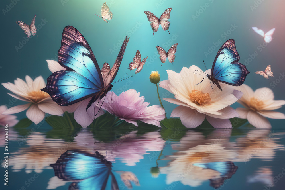 Dreamlike of a fluttering butterflys and flowers reflected in a still body of water.