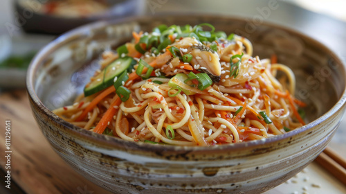 Authentic mongolian noodles garnished with spring onions and sesame seeds  served in a rustic ceramic bowl with chopsticks on the side