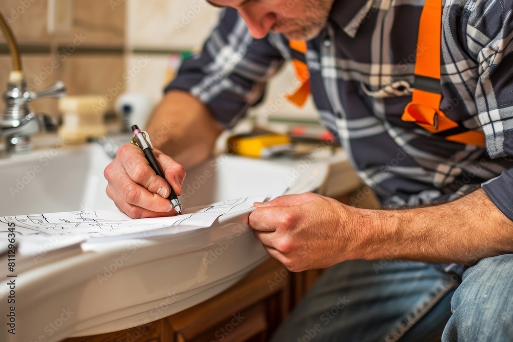 A man sitting at a sink, planning his new bathroom layout on a piece of paper, A plumber sketching out plans for a new bathroom renovation